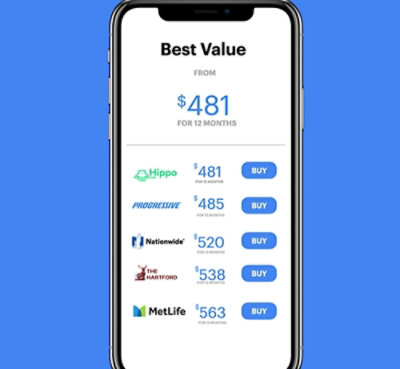 A phone with various insurance company logos and price list on screen.