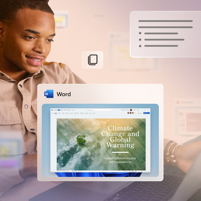 A man with an open laptop overlaid with a word file, editing, and formatting features