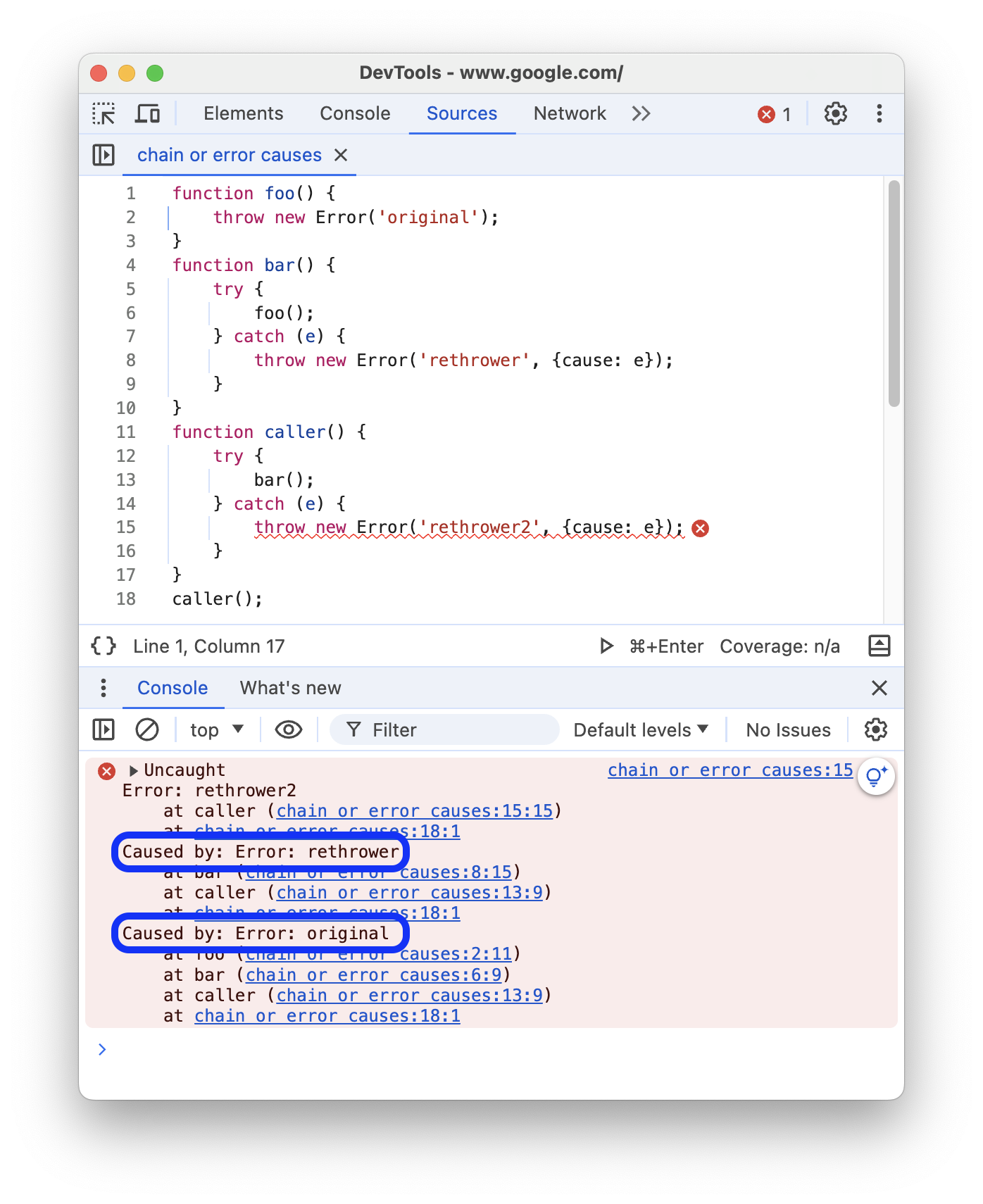 Una catena di cause di errore con il prefisso "Causato da:" nella traccia dello stack.