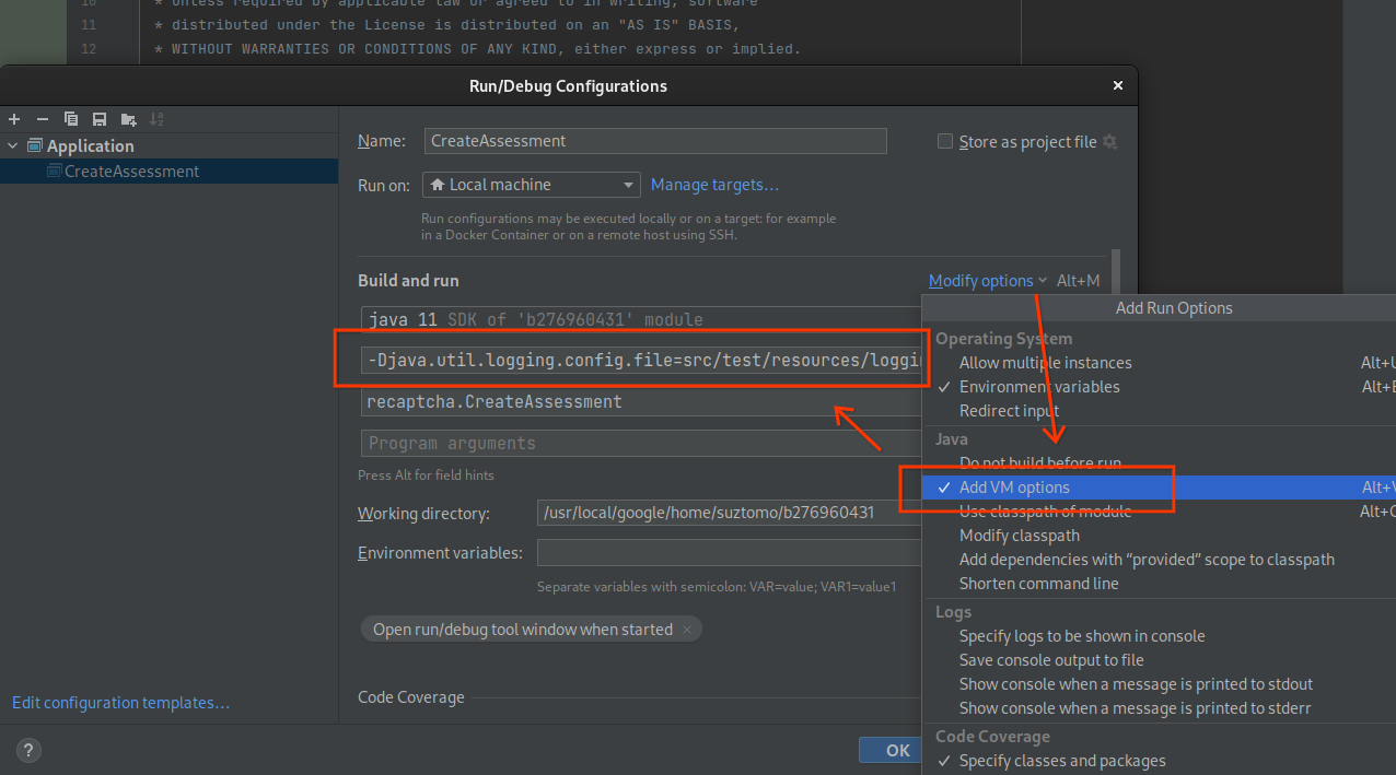 IntelliJ 运行/调试配置,显示了指定虚拟机实参的位置