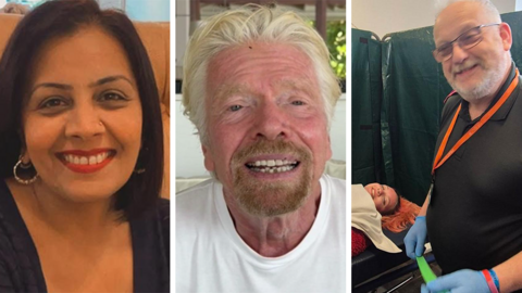 Composite image of three people. On the left is Satbinder Bains wearing a dark top and gold earings. In the Middle is Richard Branson in a white t-shirt and on the right is Keith Hewitt in a black t-shirt and orange lanyard holding some medical tape while a female patient lies on a bed next to him