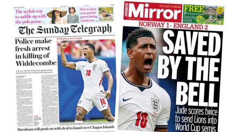Newspaper headlines: 'Fresh arrest in killing of Widdecombe' and 'Saved by the Bell'