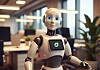 Humanoid robot with blue eyes and a leaf logo stands in a blurred office interior.