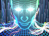 Blue wireframe human avatar with glowing eyes against a dark abstract background.