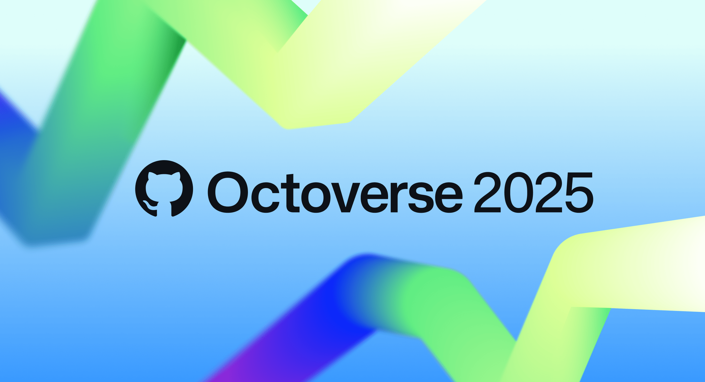 A vibrant abstract background with overlapping green, blue, and purple gradient ribbons behind the text &lsquo;Octoverse 2025&rsquo; and the GitHub logo.