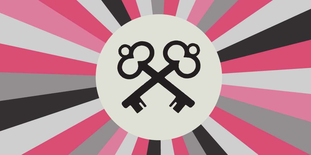 Security Keys 2019 Crossed keys icon with pink & grey starburst pattern in background