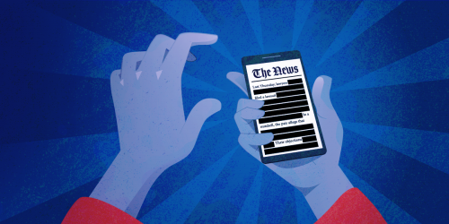 Press freedom hands holding a phone showing a heavily censored news article
