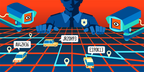 SIREN v. San Jose sinister cop and cameras loom over street grid with cars identified by license plate numbers