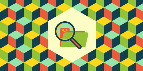magnifying glass and file icon over a grid of colorful hexagons