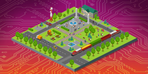 The Public Interest Internet A town showing many public features (parks, transport, a library) with the backdrop of a circuit board.