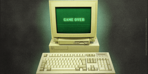 vintage videogame setup, screen reads "game over"