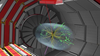 Kandidat f&uuml;r den Zerfall eines W-Bosons in ein Myon (rote Linie) und ein Neutrino (pinker Pfeil) (Bild: CMS/Cern) (CMS/Cern)