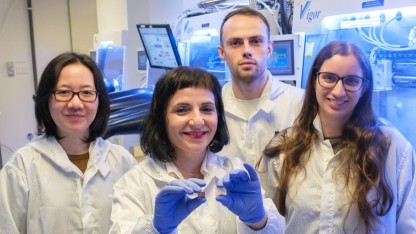 Das Team mit transparenter Zelle: Herlina Arianita Dewi, Annalisa Bruno, Luke White und Daniela De Luca (von links) (Bild: NTU Singapore) (NTU Singapore)